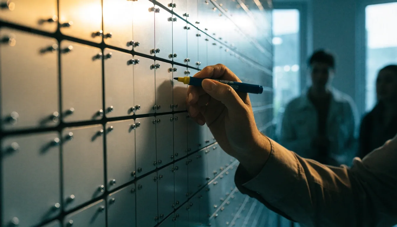Риэлтордың қолдары бірдей бос ұяшықтары бар қабырға торындағы түрлі-түсті маркерді ауыстырады