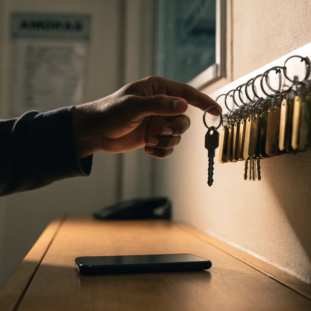 Кеңседегі тәуліктік жалға берілетін пәтерлердің кілттері тұрған сөре